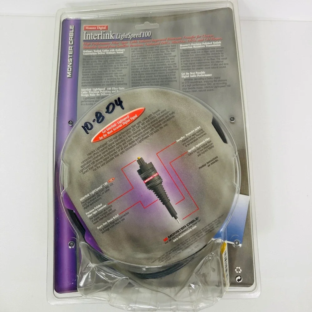 Monster Interlink LightSpeed 100 Digital Fiber Optic Toslink Cable 2m Black NEW
